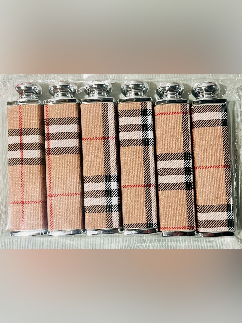 6 Pack Beige Plaid Lipstick Silver Cap - Stylish Accessory